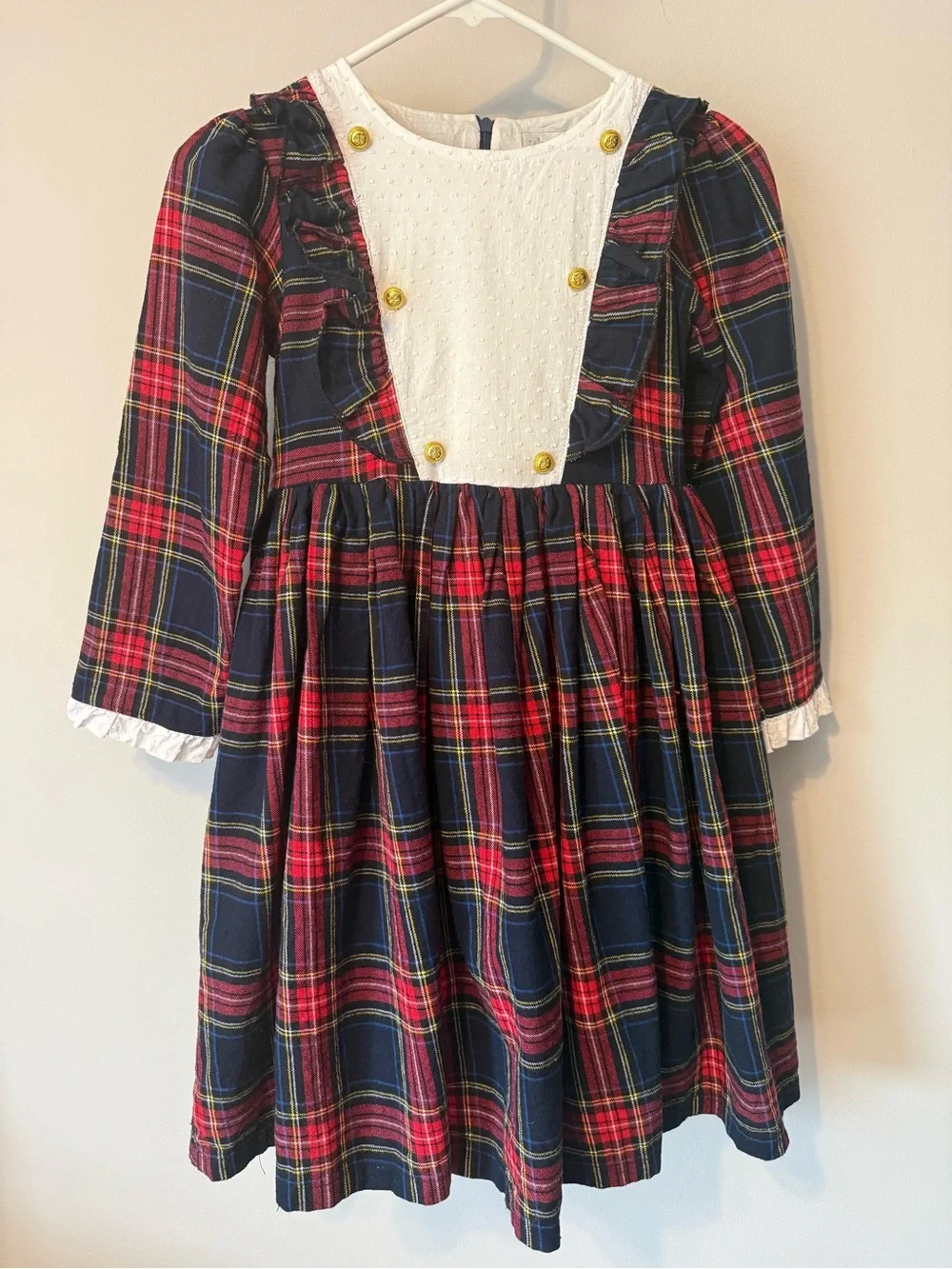 Girls Navy and Red Plaid Formal Dress with White Bib and Gold Buttons